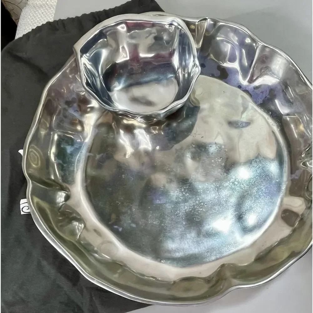 Beatriz Ball Silver SOHO Marius Chip & Dip Bowl/ Serving Platter Set w/ Bag